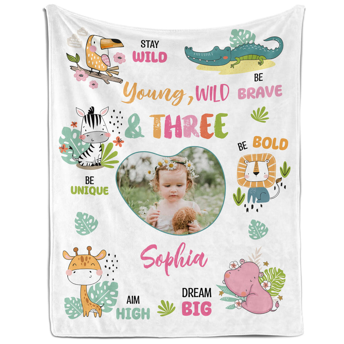 Young, Wild & Three - Personalized 3rd Birthday gift For 3 Year Old - Custom Blanket - Elizabethfashions