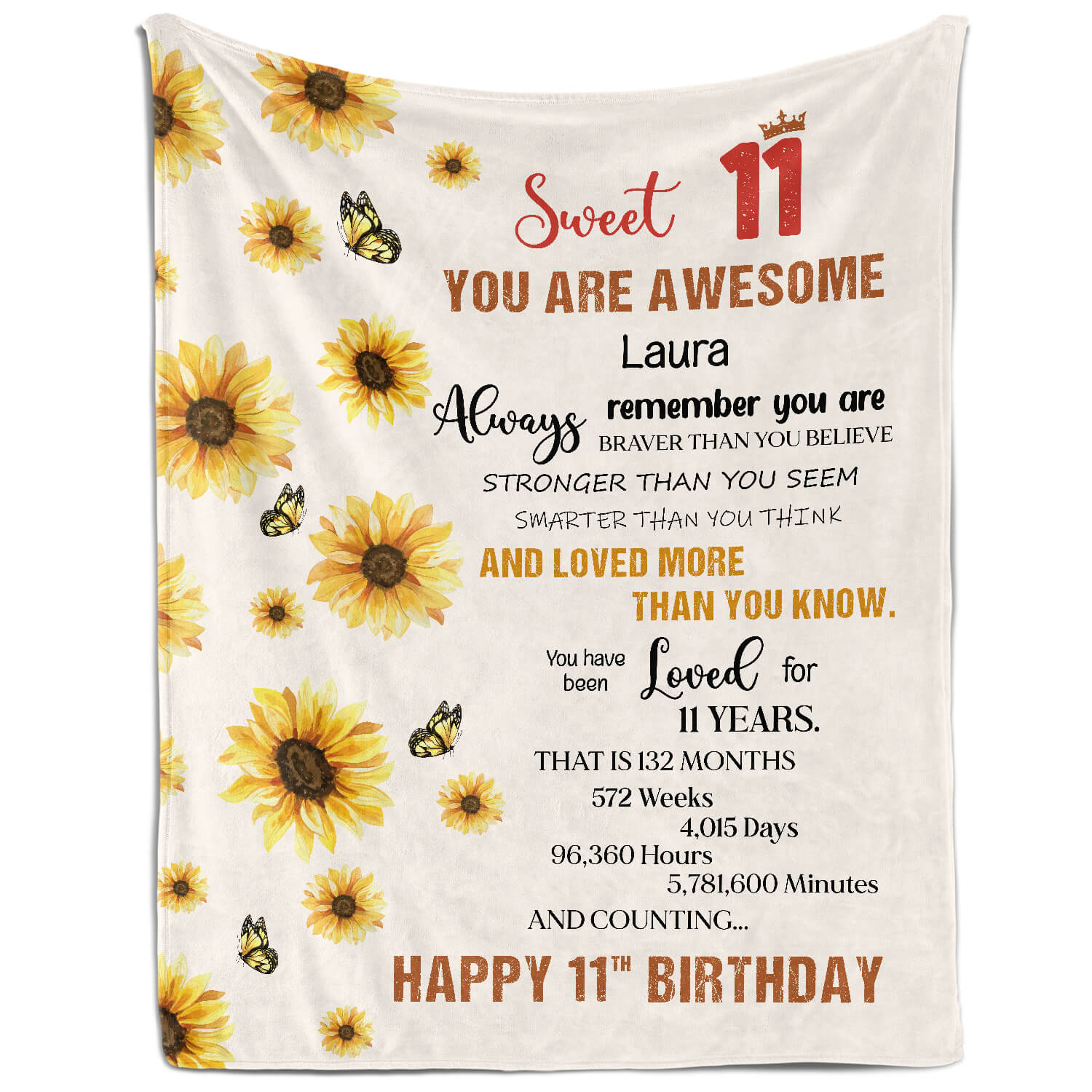 Sweet 11 - Personalized 11th Birthday gift For 11 Year Old Girl - Custom Blanket - Elizabethfashions