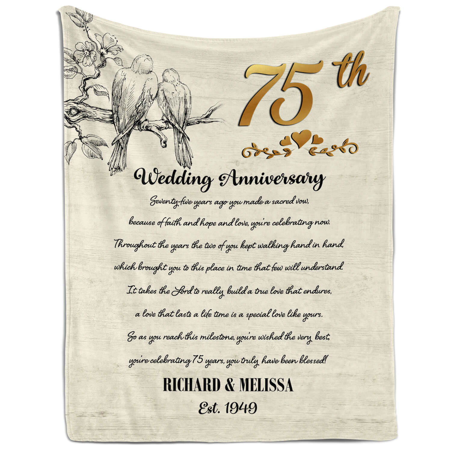 75th Wedding Anniversary - Personalized 75 Year Anniversary gift For Parents - Custom Blanket - Elizabethfashions