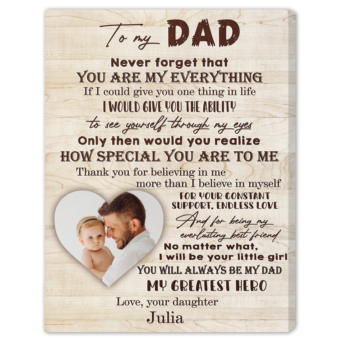 My Greatest Hero - Personalized Father's Day or Birthday gift for Dad from Daughter - Custom Canvas Print - Elizabeth Fashions