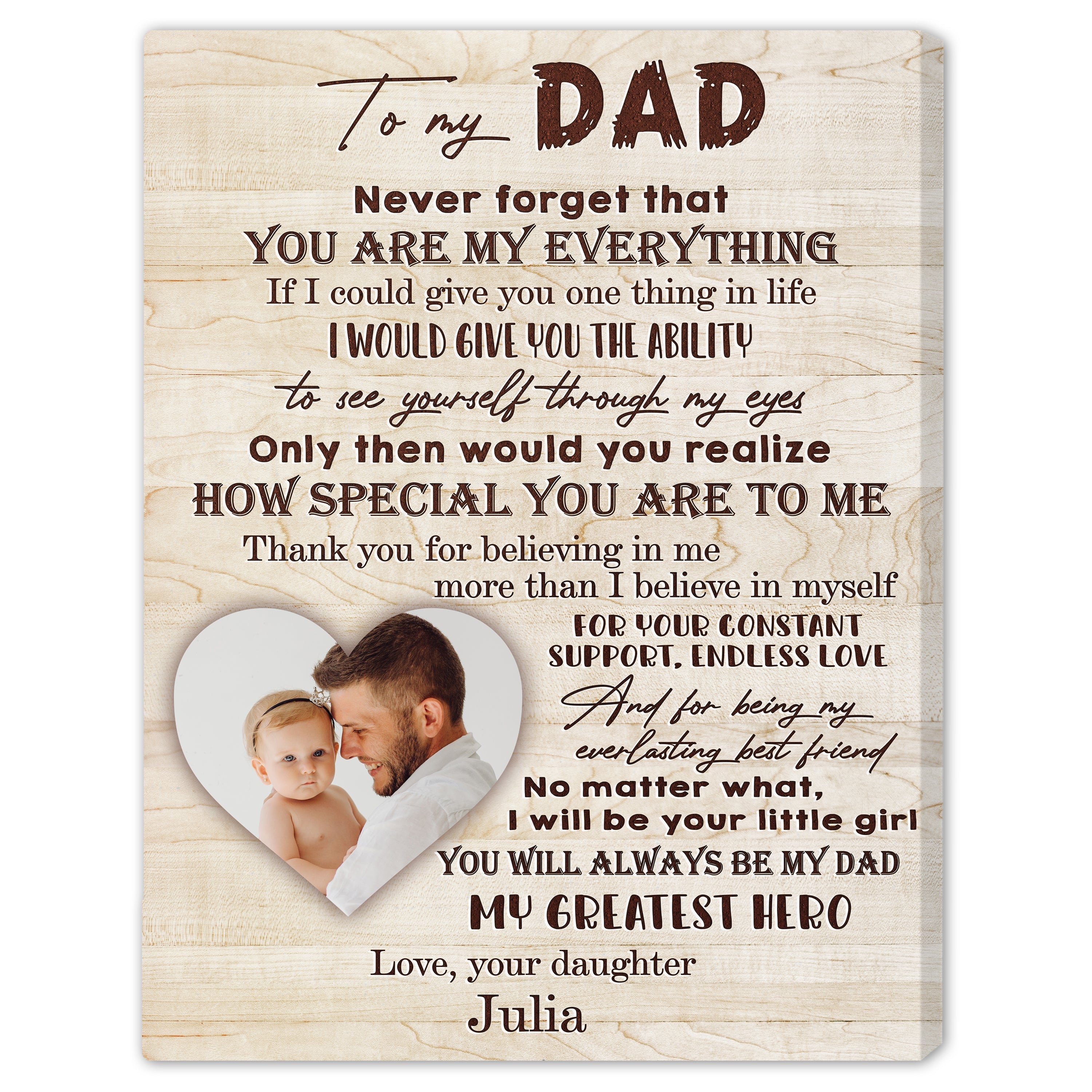 My Greatest Hero - Personalized Father's Day or Birthday gift for Dad from Daughter - Custom Canvas Print - Elizabeth Fashions