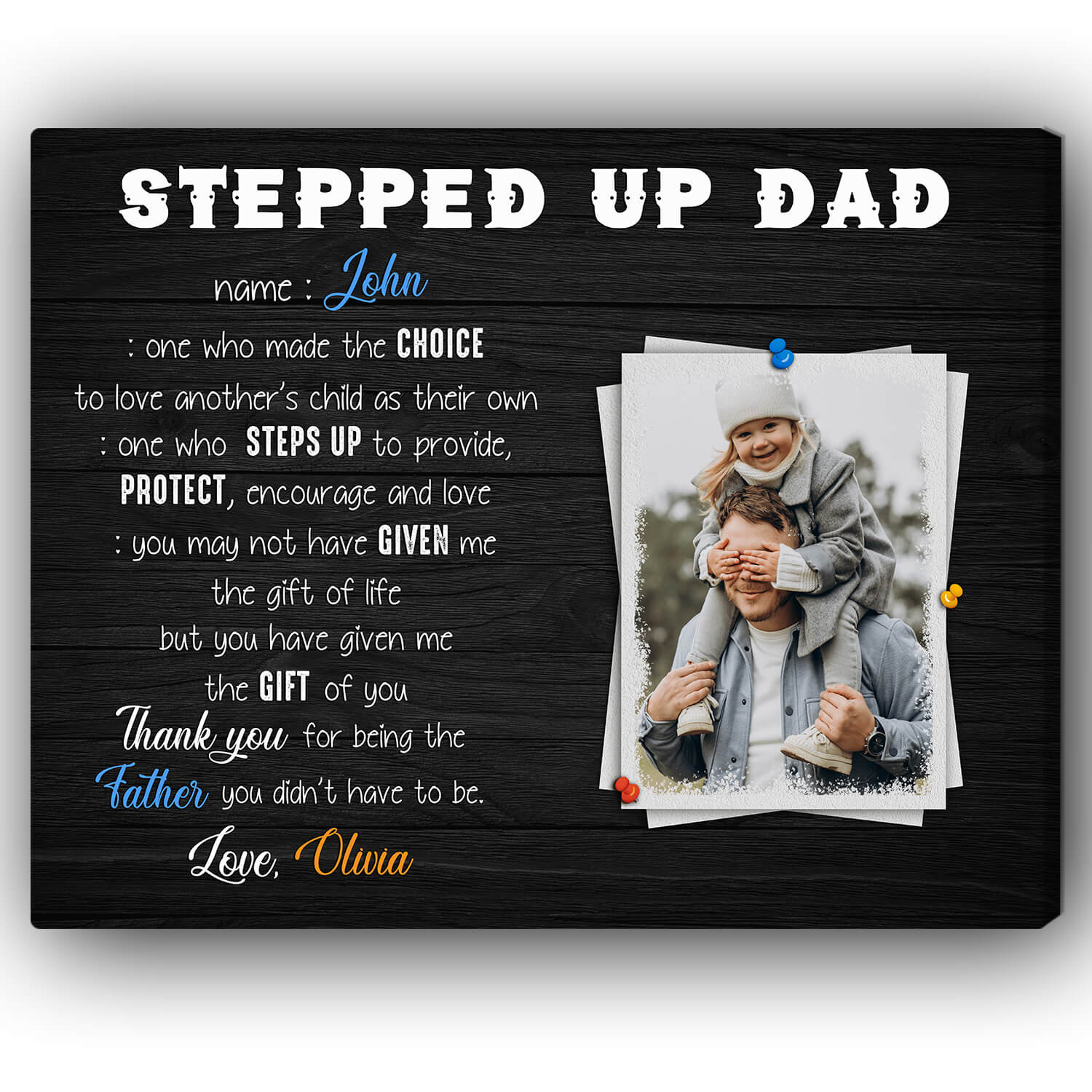 Stepped up Dad - Personalized Father's Day or Birthday gift for Step Dad - Custom Canvas Print - Elizabeth Fashions