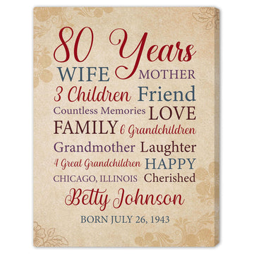 80 Years - Personalized 80th Birthday gift For Mom, Wife or Grandma - Custom Canvas Print - Elizabeth Fashions