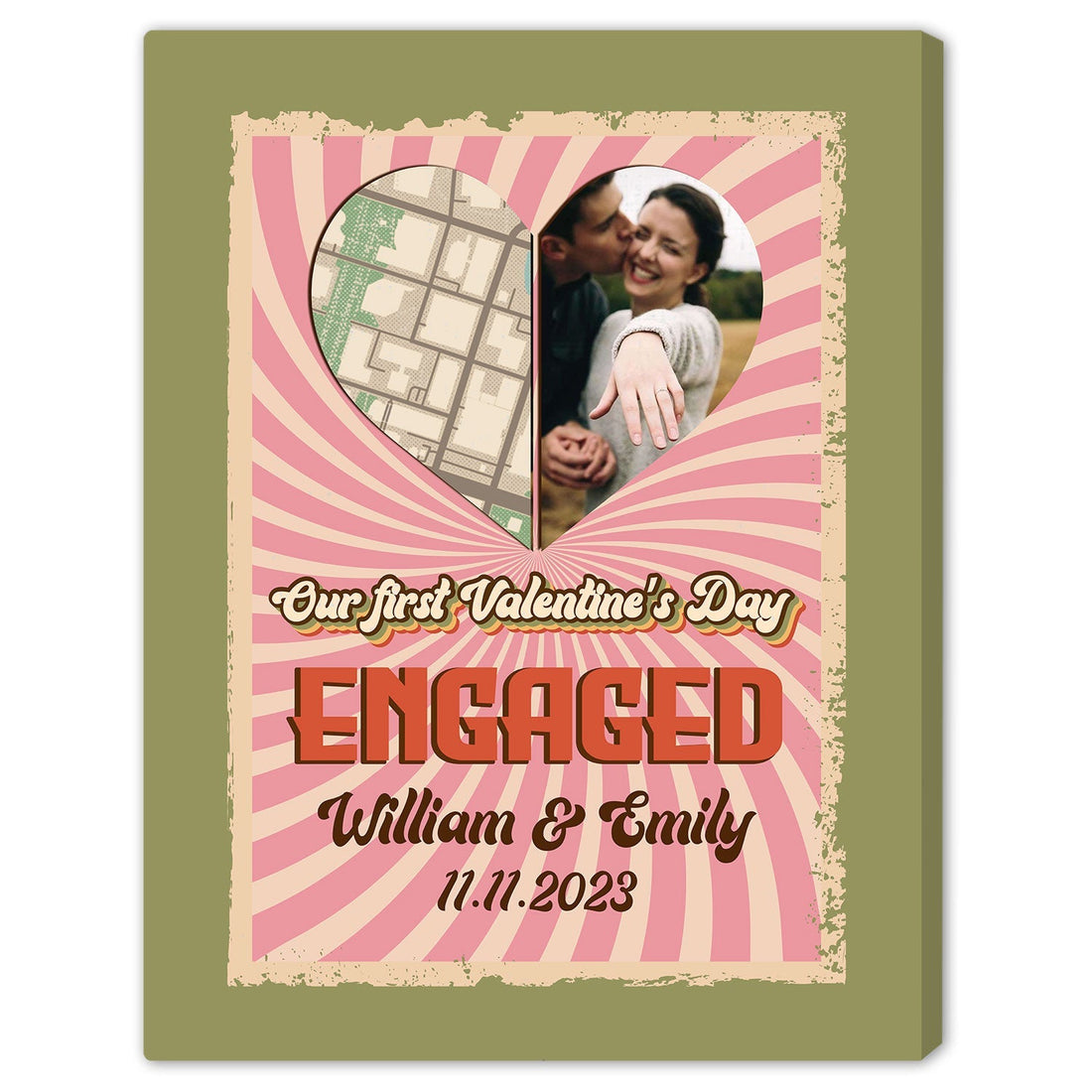 Retro Heart Map - Personalized First Valentine's Day Engaged gift For Fiance - Custom Canvas Print - Elizabeth Fashions