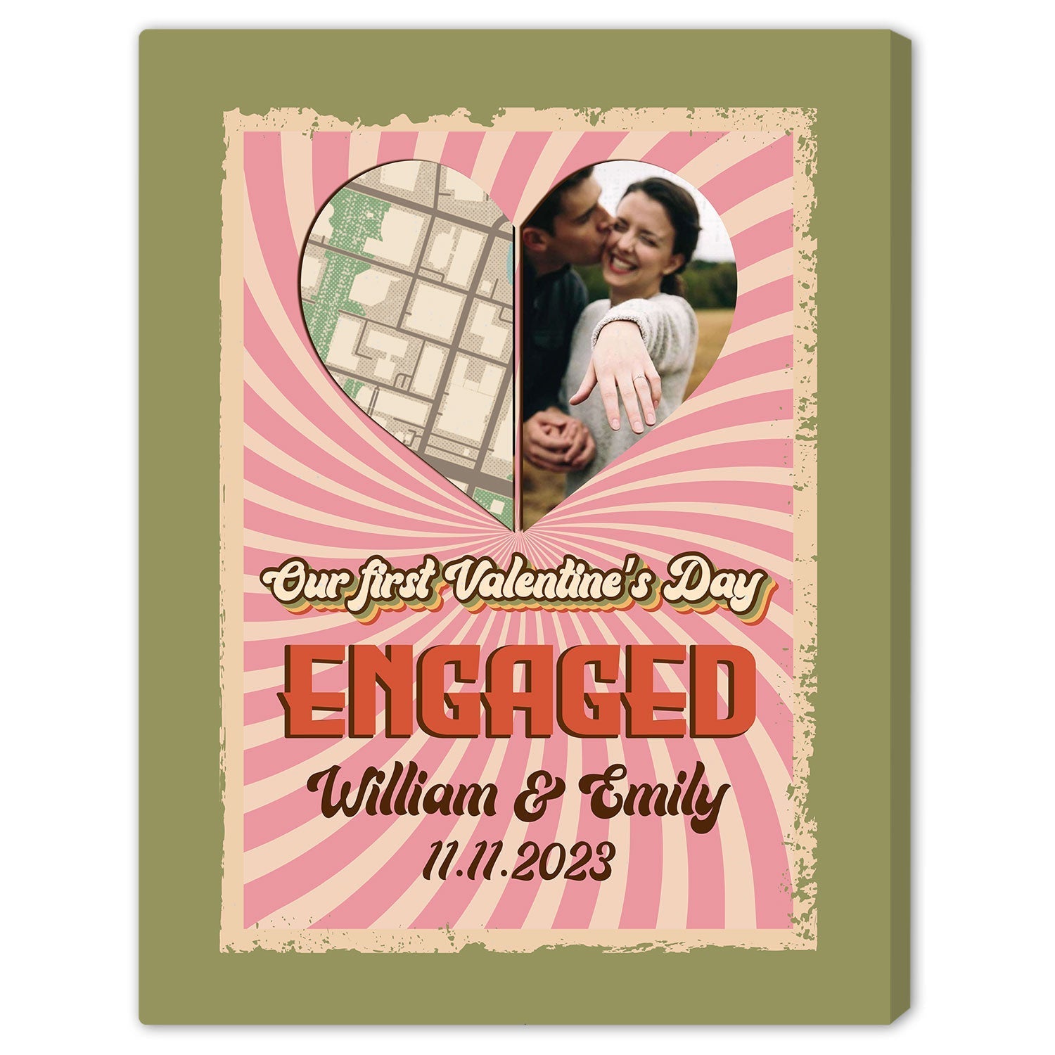 Retro Heart Map - Personalized First Valentine's Day Engaged gift For Fiance - Custom Canvas Print - Elizabeth Fashions