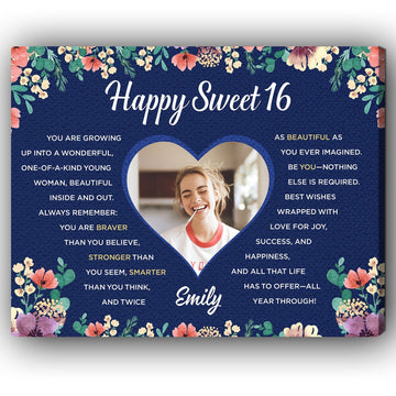 Happy Sweet Sixteen - Personalized 16th Birthday gift For 16 Year Old - Custom Canvas Print - Elizabeth Fashions