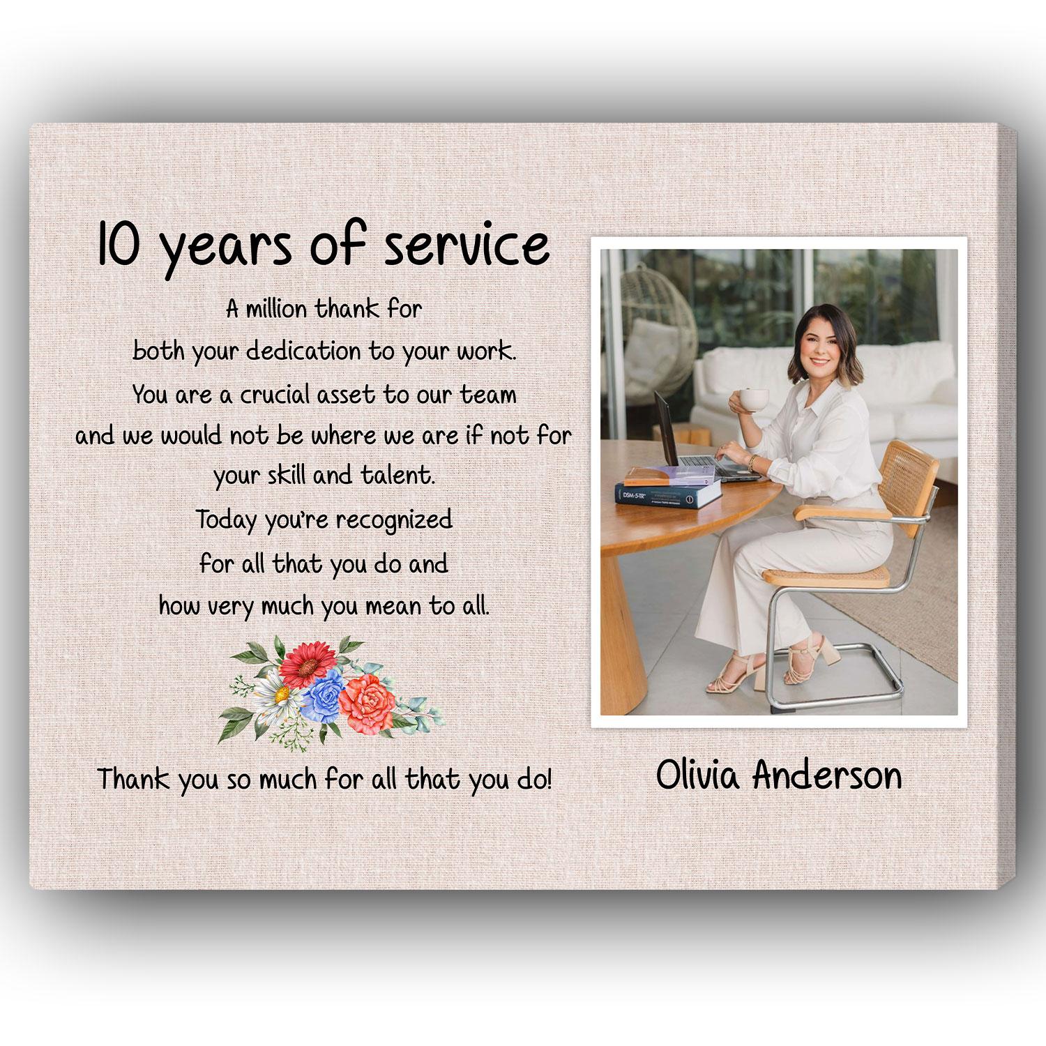 10 Years Of Service - Personalized 10th Work Anniversary gift For Employee - Custom Canvas Print - Elizabeth Fashions