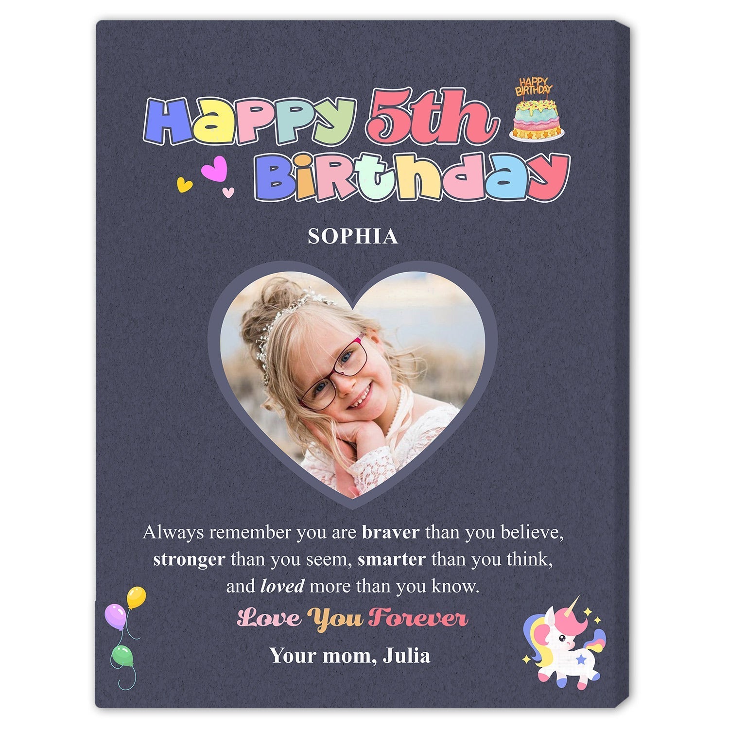 5th Birthday Unicorn - Personalized 5th Birthday gift For 5 Year Old - Custom Canvas Print - Elizabeth Fashions