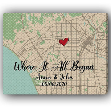 Where It All Began Horizontal Map - Personalized Wedding Anniversary, Valentine's Day gift for Husband for Wife - Custom Map Canvas - Elizabeth Fashions