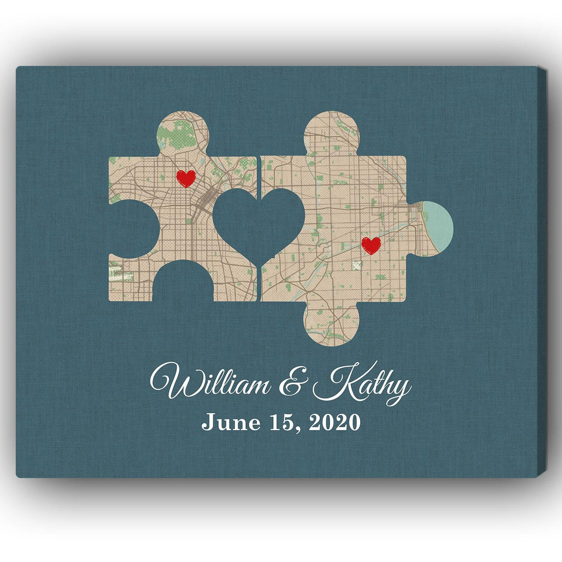 Blue Couple Puzzle Map - Personalized Anniversary or Valentine's Day gift for Long Distance Couple - Custom Canvas - Elizabeth Fashions