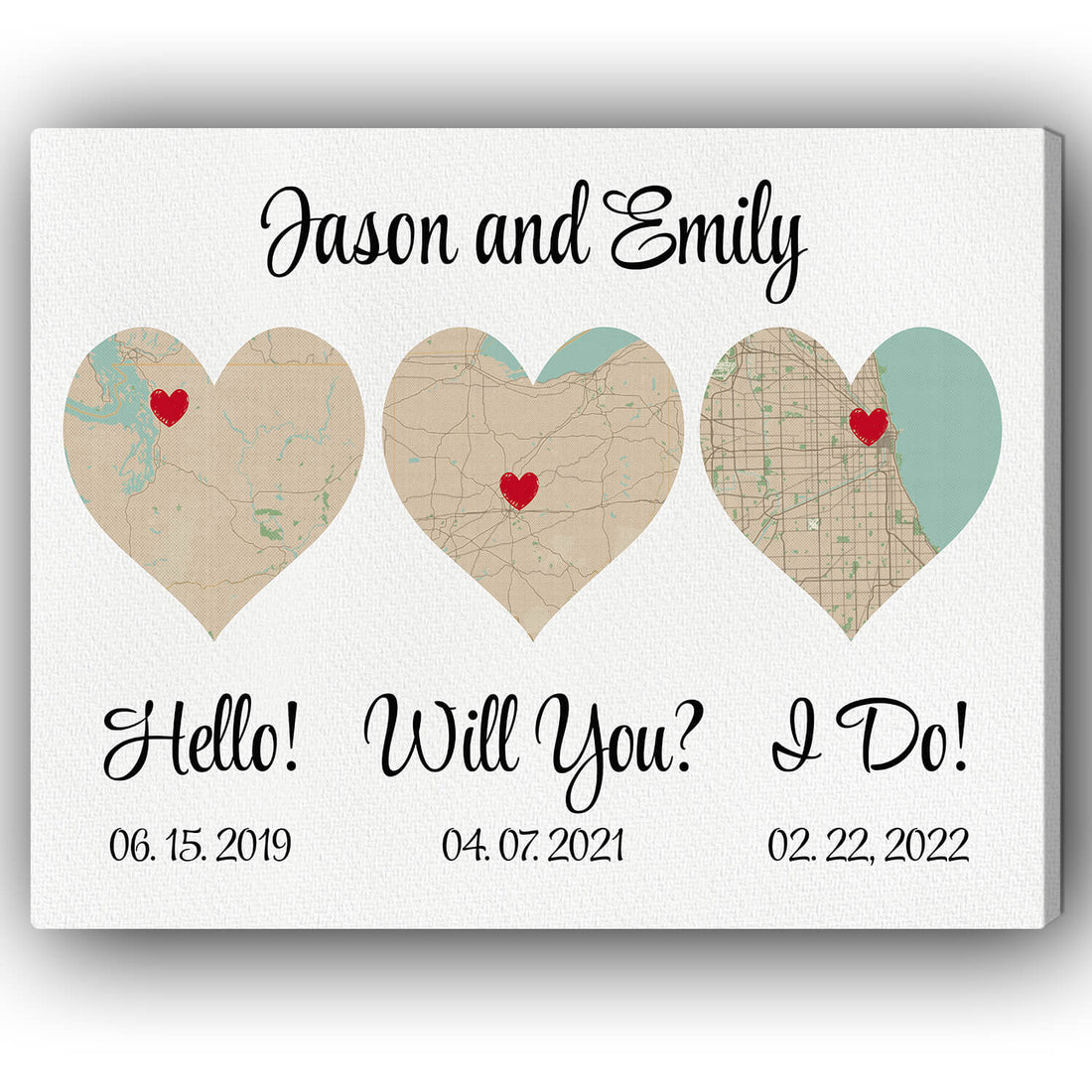 Hello - Will You - I Do Map - Personalized Wedding Anniversary, Valentine's Day gift for Husband for Wife - Custom Canvas - Elizabeth Fashions