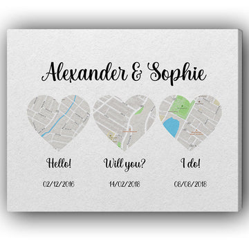 Hello - Will You - I Do - Personalized Anniversary, Valentine's Day gift for Husband or Wife - Custom Map Canvas - Elizabeth Fashions