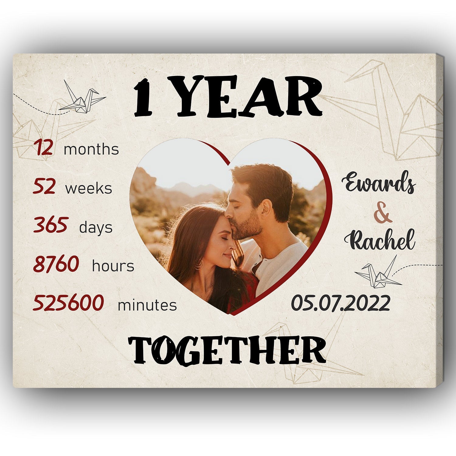 1 Year Together - Personalized Paper Anniversary gift for Him or Her - Custom Canvas - Elizabeth Fashions