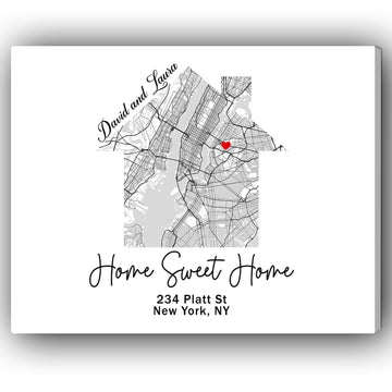 Home Sweet Home - Personalized Wedding Anniversary, Valentine's Day gift for Husband for Wife - Custom Map Canvas - Elizabeth Fashions