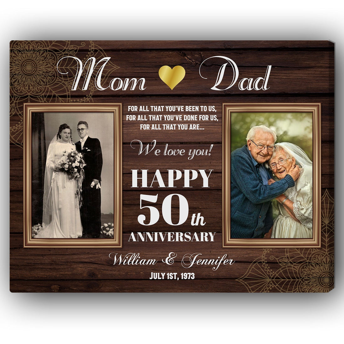 Happy 50th Wedding Anniversary - Personalized 50 Year Anniversary gift for Parents - Custom Canvas - Elizabeth Fashions
