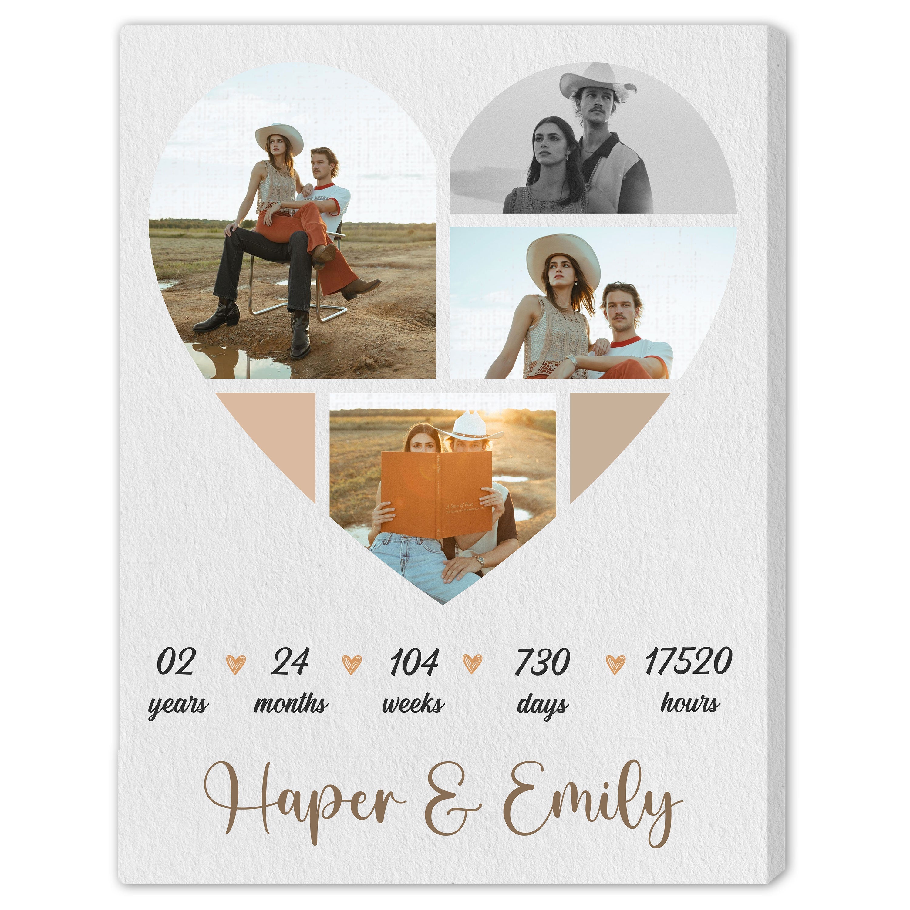 2nd Year Anniversary Heart Shaped Photo Collage - Personalized 2 Year Wedding Anniversary gift for Husband for Wife - Custom Canvas - Elizabeth Fashions
