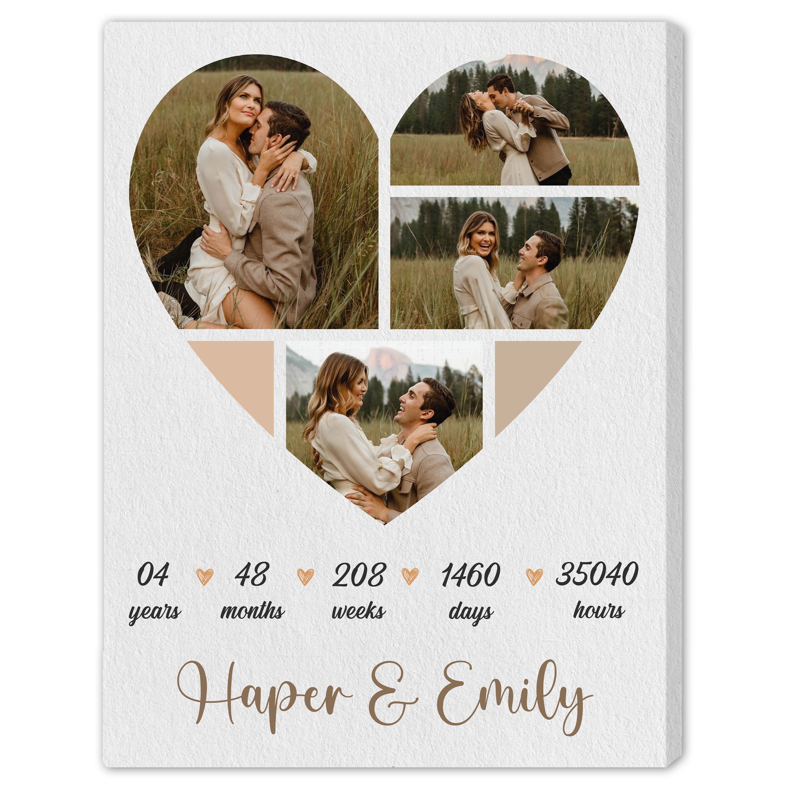4th Year Anniversary Heart Shaped Photo Collage - Personalized 4 Year Wedding Anniversary gift for Husband for Wife - Custom Canvas - Elizabeth Fashions