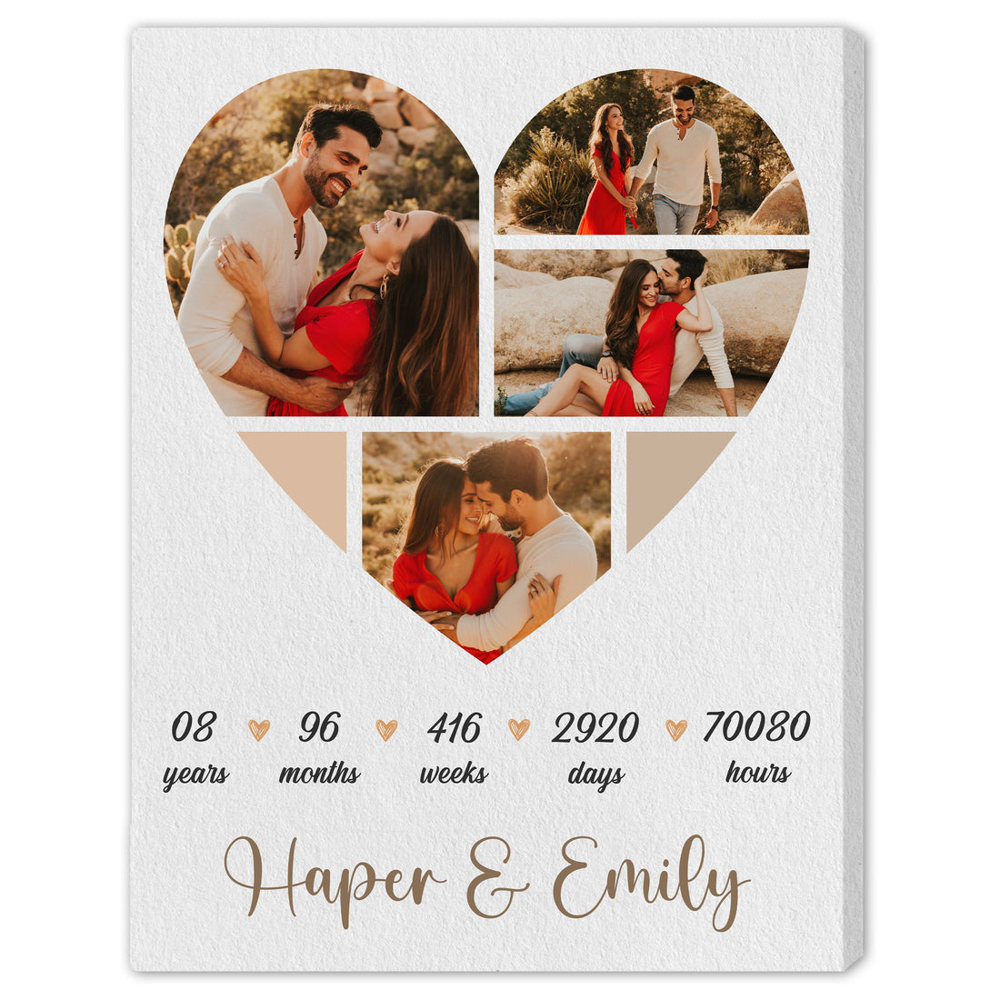 8th Anniversary Heart Shaped Photo Collage - Personalized 8 Year Wedding Anniversary gift for Husband for Wife - Custom Canvas - Elizabeth Fashions