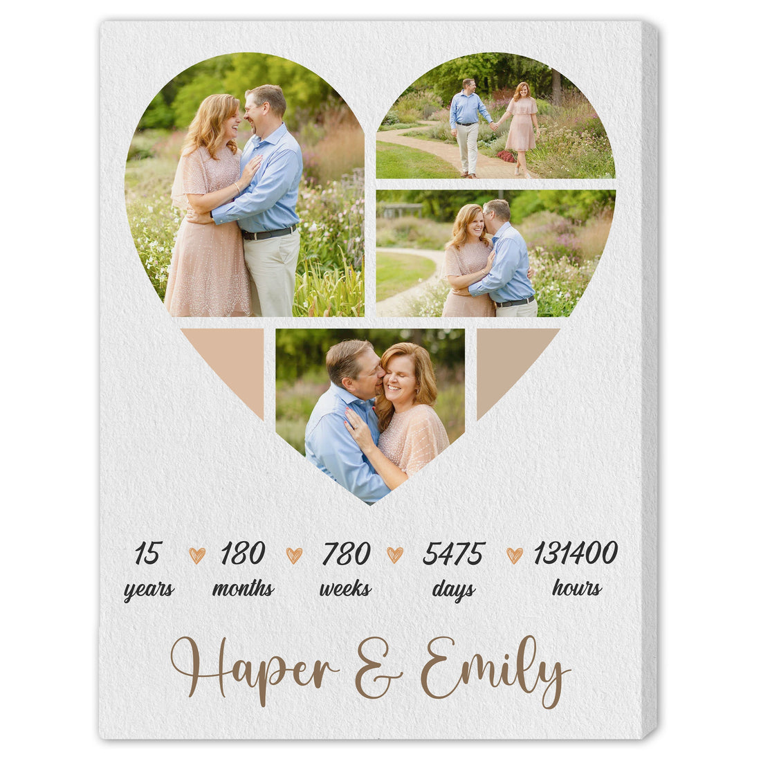 15 Year Anniversary Heart Shaped Photo Collage - Personalized 15 Year Anniversary gift for him for her - Custom Canvas - Elizabeth Fashions