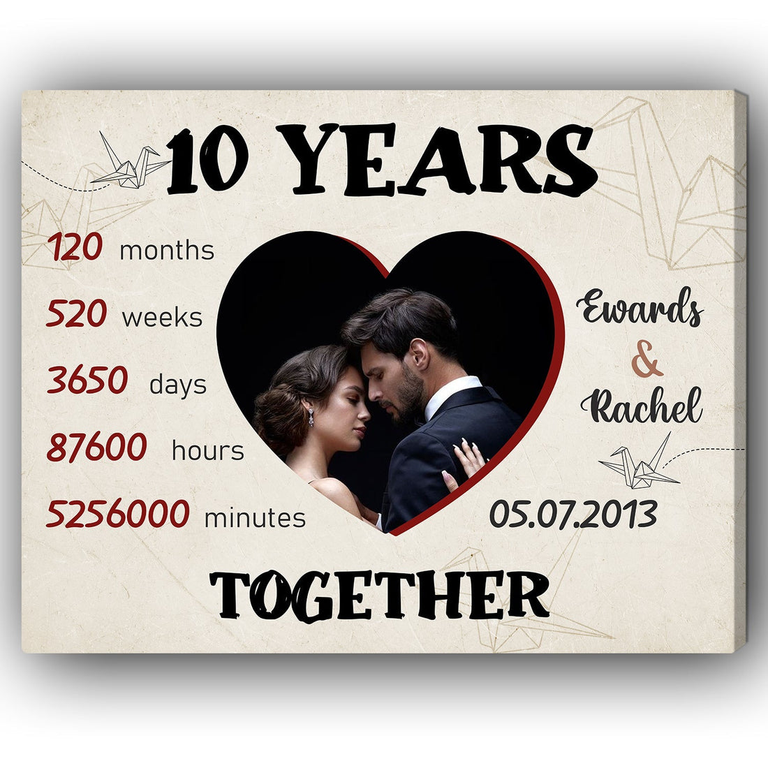 10 Years Together - Personalized 10 Year Anniversary gift for him for her - Custom Canvas - Elizabeth Fashions