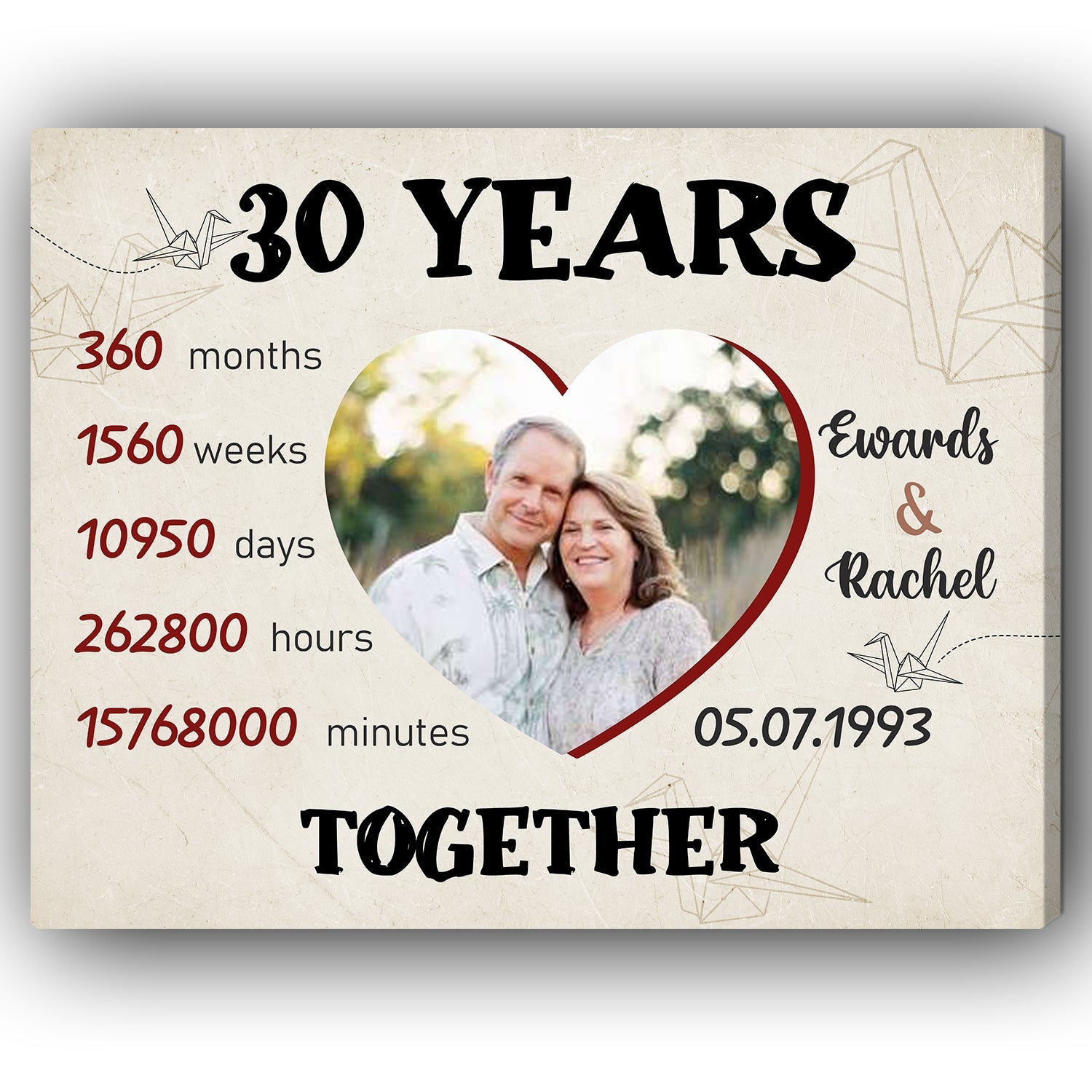 30 Years Together - Personalized 30 Year Anniversary gift for Parents, Him or Her - Custom Canvas - Elizabeth Fashions