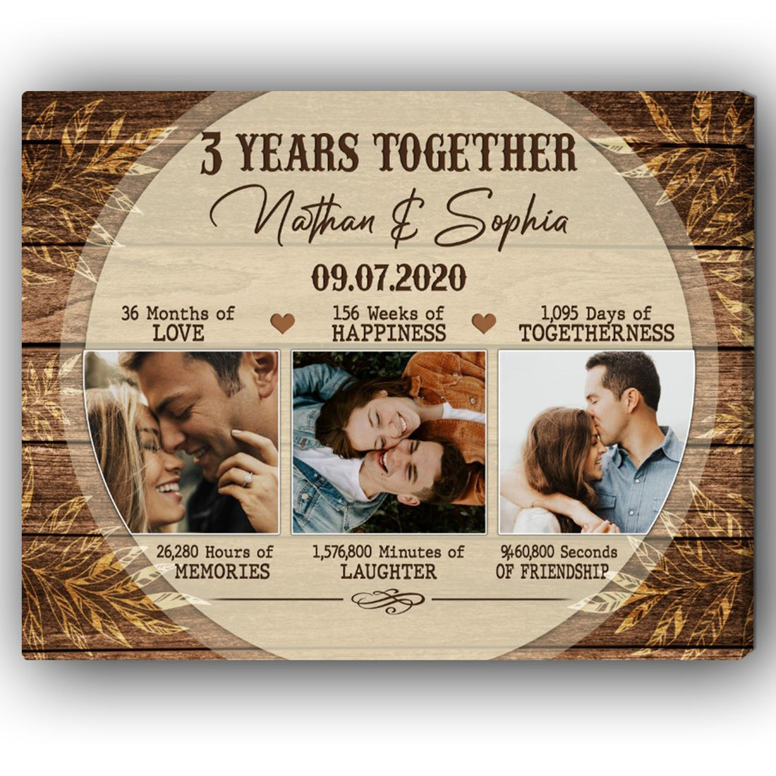 3rd Year Together - Personalized 3 Year Anniversary gift for him for her - Custom Canvas - Elizabeth Fashions