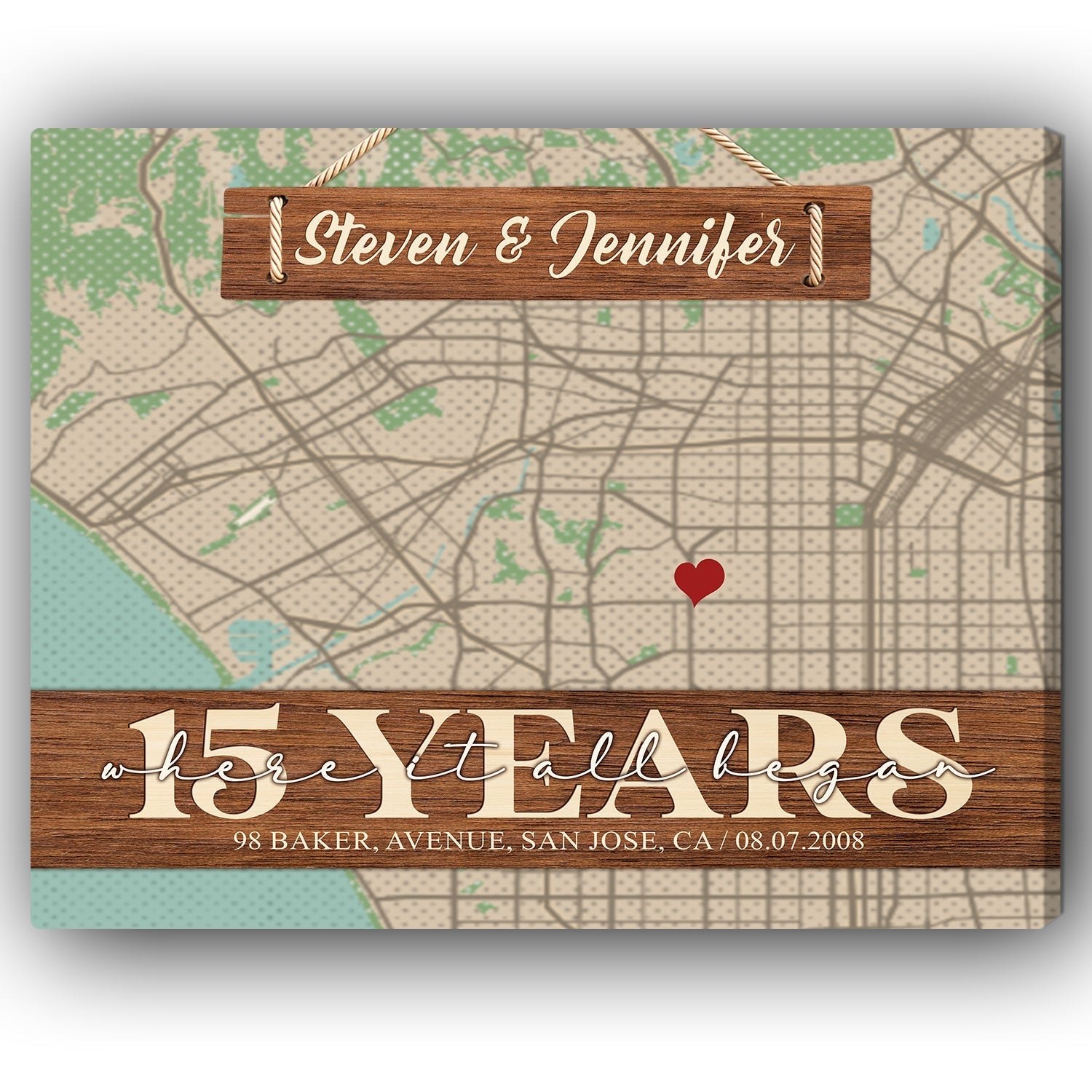 Where It All Began 15th Year - Personalized 15 Year Anniversary gift for him for her - Custom Map Canvas - Elizabeth Fashions
