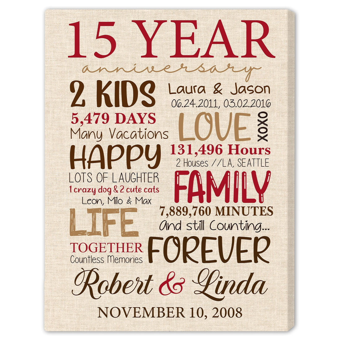15th Anniversary - Personalized 15 Year Anniversary gift for Parents for Husband for Wife - Custom Canvas - Elizabeth Fashions