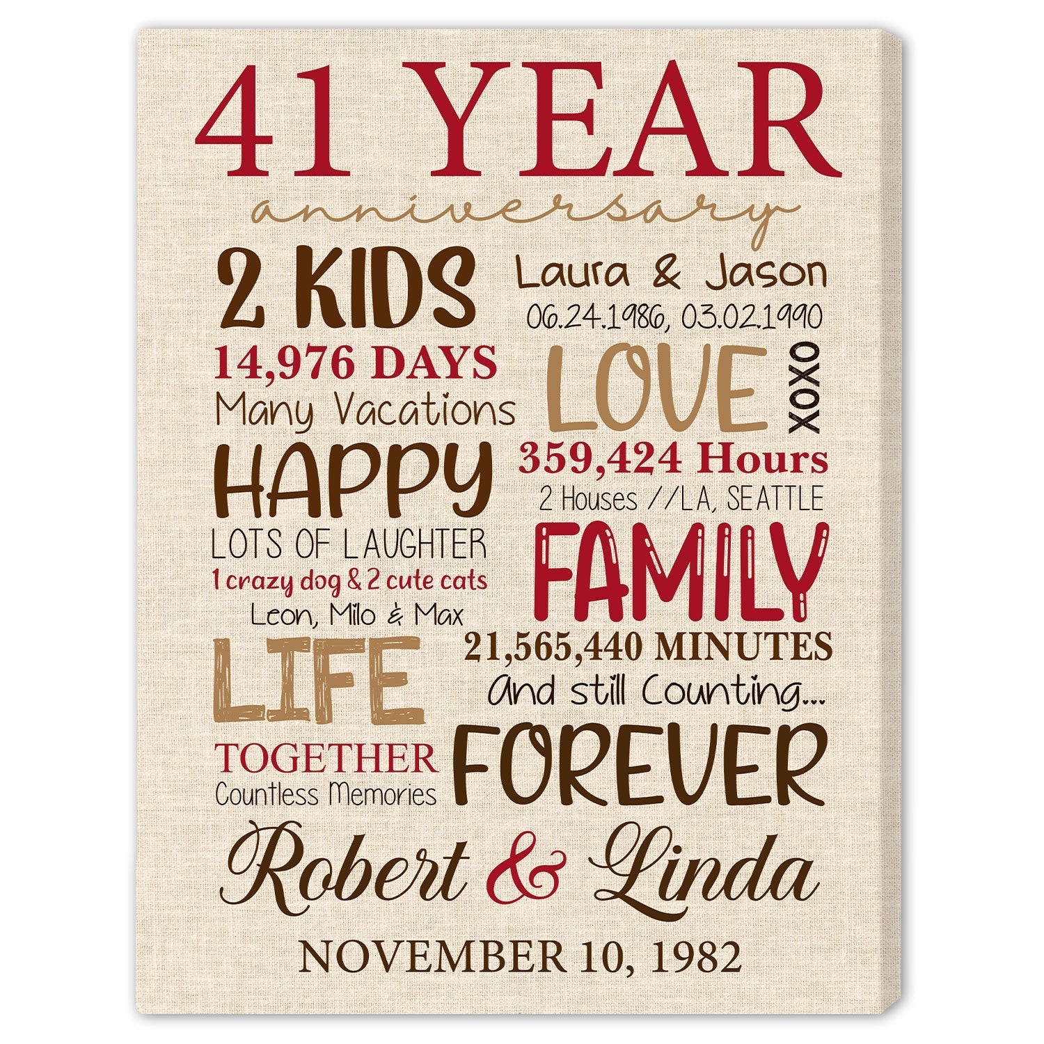 41st Anniversary - Personalized 41 Year Anniversary gift for Parents for Husband for Wife - Custom Canvas - Elizabeth Fashions