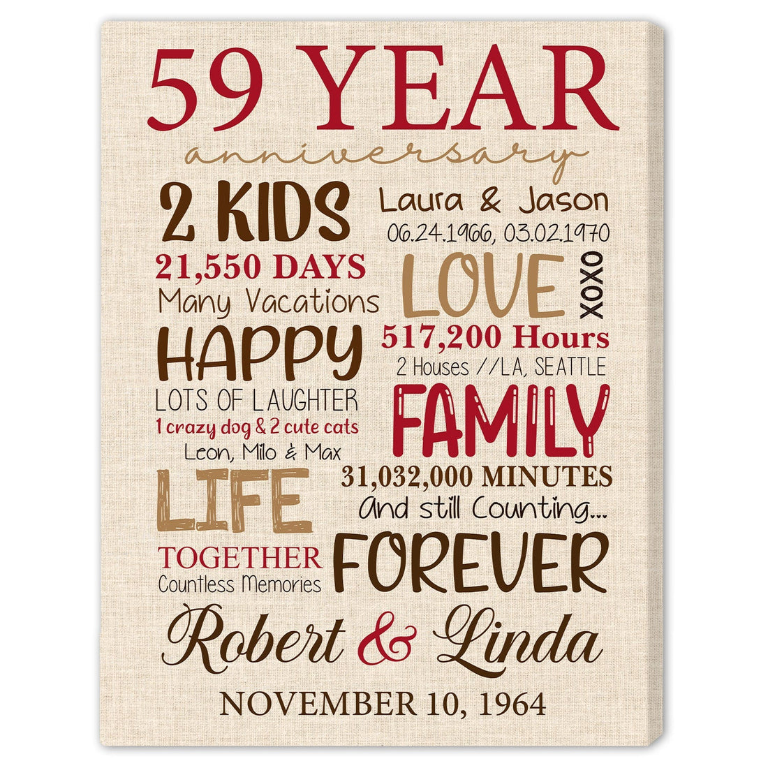 59th Anniversary - Personalized 59 Year Anniversary gift for Parents for Husband for Wife - Custom Canvas - Elizabeth Fashions