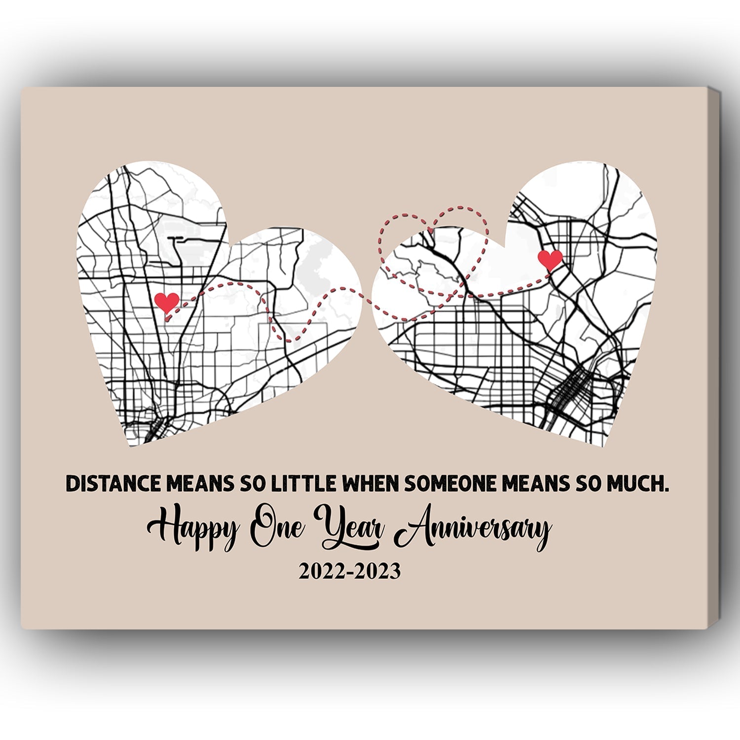 One Year Anniversary Distance Means So Little Map - Personalized 1 Year Anniversary gift for Long Distance Boyfriend or Girlfriend - Custom Canvas - Elizabeth Fashions