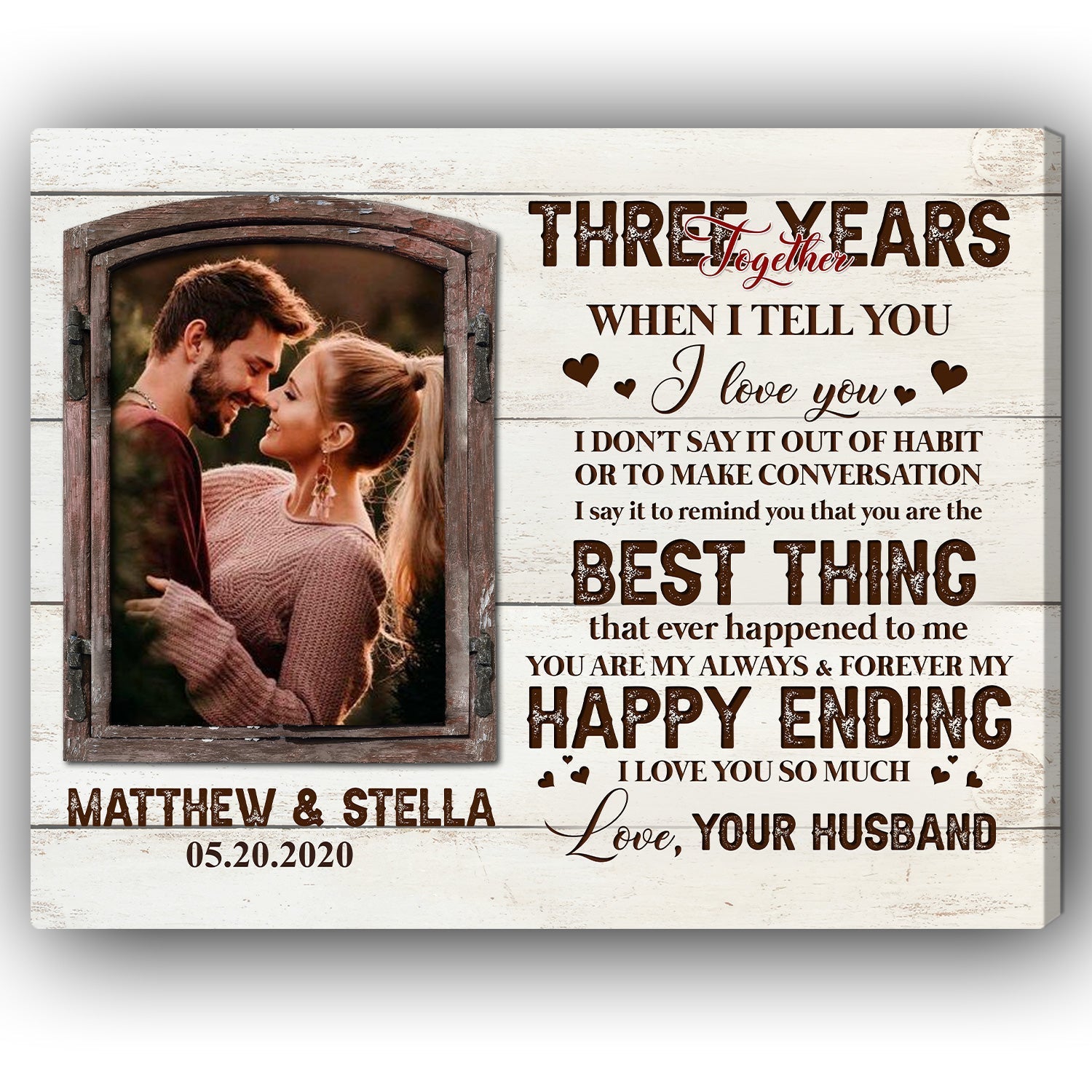 Three Years Together - Personalized 3 Year Anniversary gift for Wife - Custom Canvas - Elizabeth Fashions