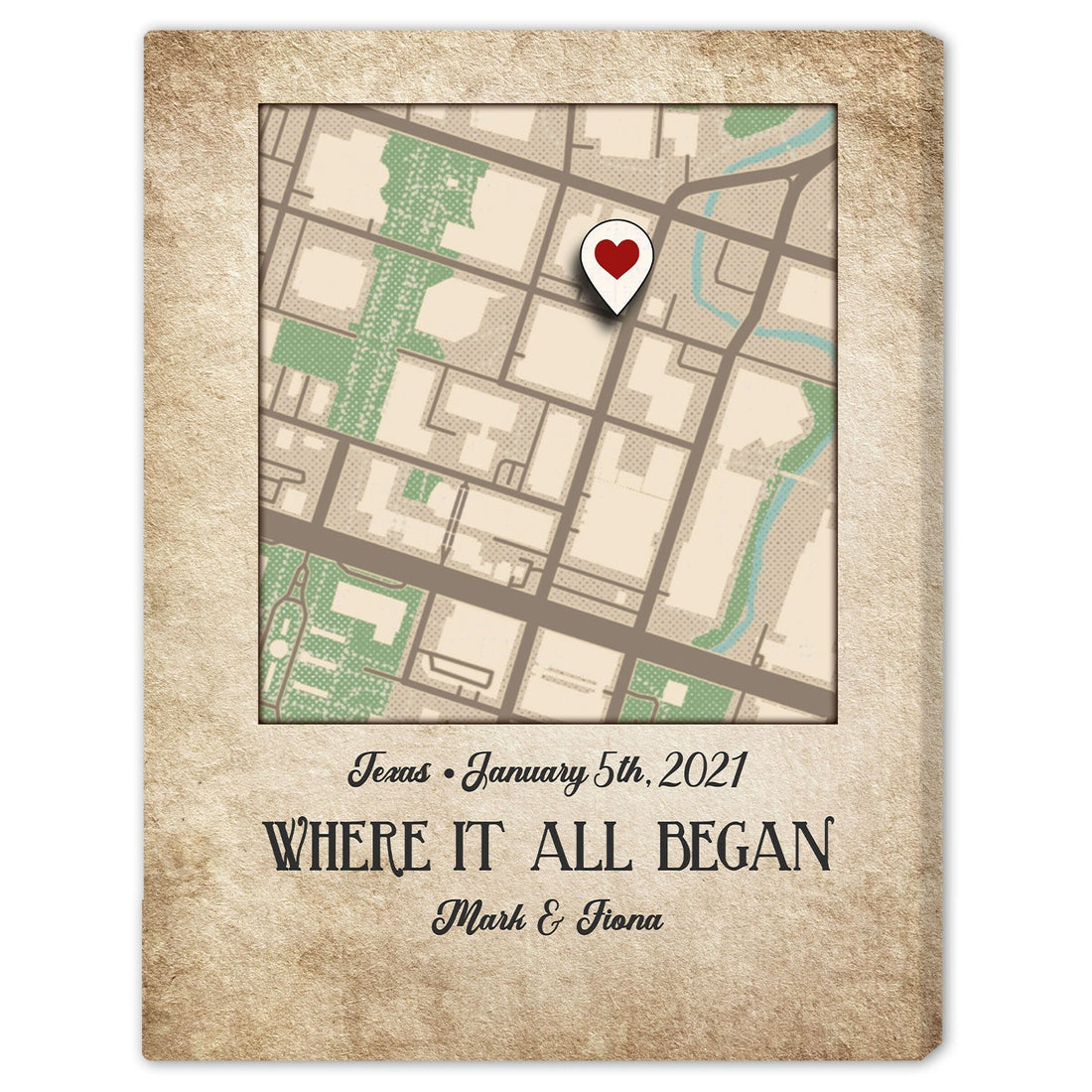 Where It All Began Vintage Map - Personalized Anniversary or Valentine's Day gift for Husband or Wife - Custom Canvas Print - Elizabeth Fashions