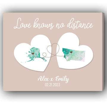 Love Knows No Distance 2 Hearts Map - Personalized Anniversary, Valentine's Day gift for Long Distance Boyfriend or Girlfriend - Custom Map Canvas - Elizabeth Fashions
