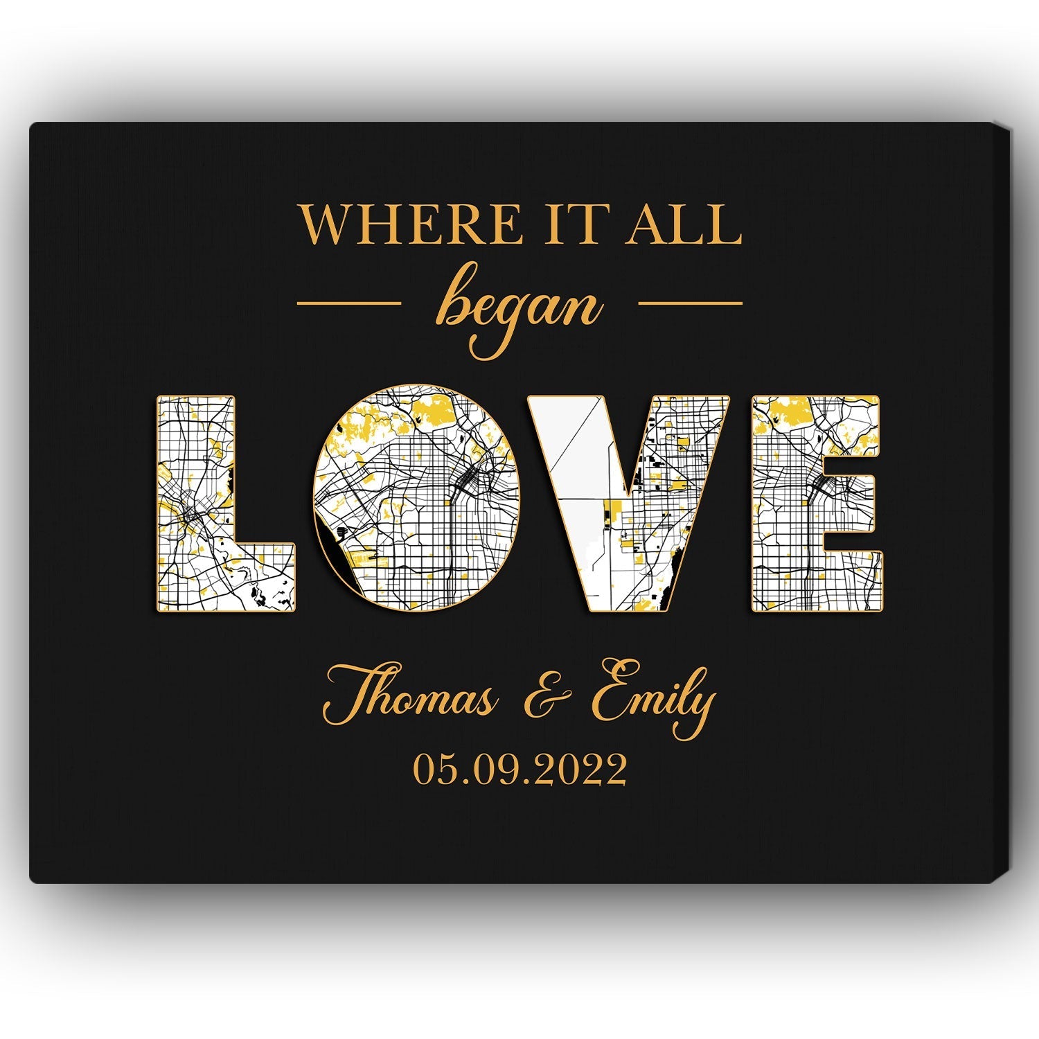 Love Map of First Date - Where It All Began - Personalized Anniversary or Valentine's Day gift for Husband or Wife - Custom Canvas Print - Elizabeth Fashions