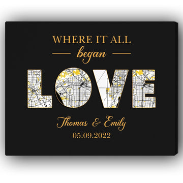 Love Map of First Date - Where It All Began - Personalized Anniversary or Valentine's Day gift for Husband or Wife - Custom Canvas Print - Elizabeth Fashions