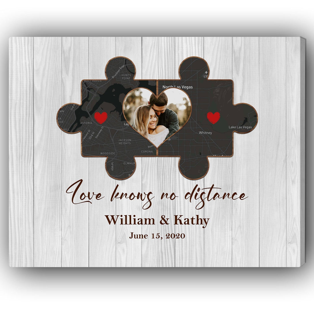 Love Knows No Distance Puzzle Map - Personalized Anniversary or Valentine's Day gift for Long Distance Boyfriend or Girlfriend - Custom Photo Canvas Print - Elizabeth Fashions