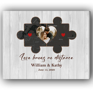 Love Knows No Distance Puzzle Map - Personalized Anniversary or Valentine's Day gift for Long Distance Boyfriend or Girlfriend - Custom Photo Canvas Print - Elizabeth Fashions