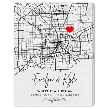 Where We Met Map - Personalized Anniversary or Valentine's Day gift for Husband or Wife - Custom Map with Earth Tone Background Colors Canvas Print - Elizabeth Fashions