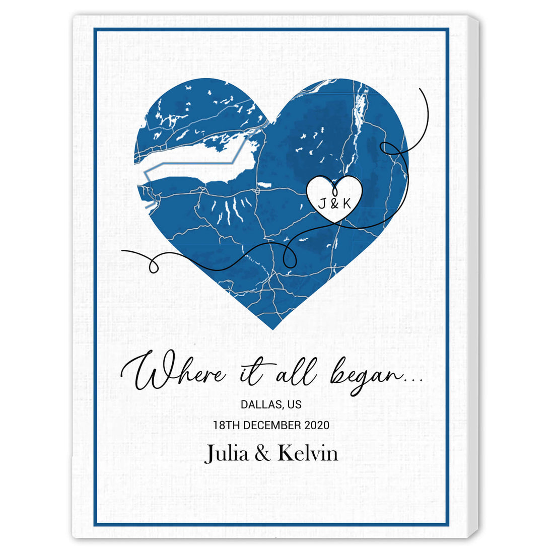 Where It All Began Blue Print Heart Map - Personalized Anniversary or Valentine's Day gift for Husband or Wife - Custom Canvas Print - Elizabeth Fashions