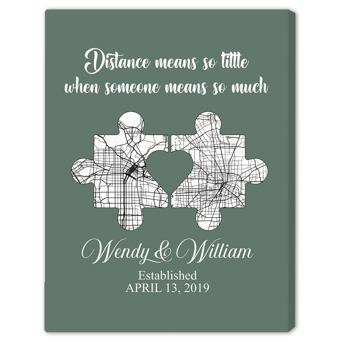 Distance Means So Little Puzzle Map - Personalized Anniversary or Valentine's Day gift for Long Distance Boyfriend or Girlfriend - Custom Canvas Print - Elizabeth Fashions