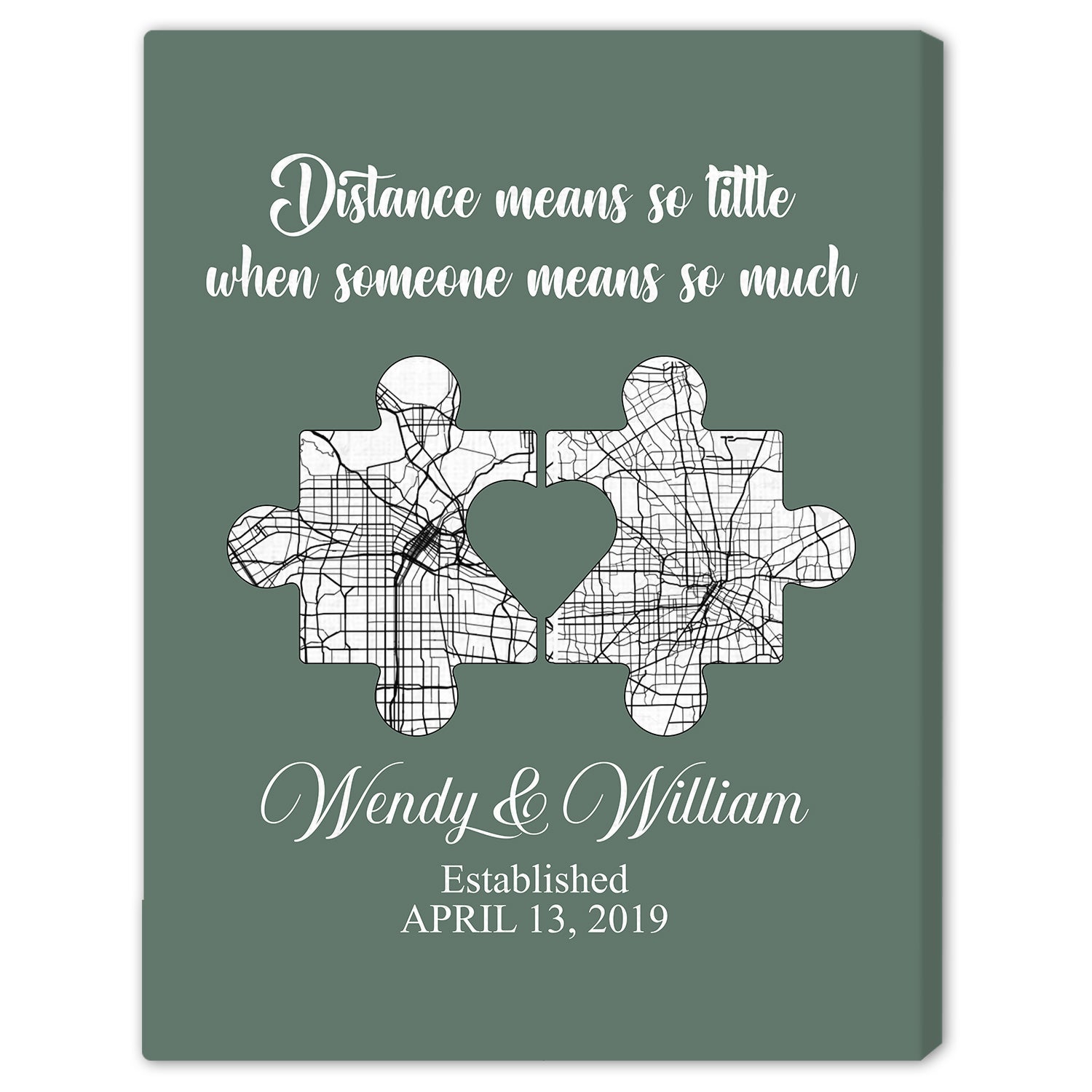 Distance Means So Little Puzzle Map - Personalized Anniversary or Valentine's Day gift for Long Distance Boyfriend or Girlfriend - Custom Canvas Print - Elizabeth Fashions
