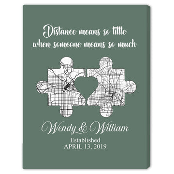 Distance Means So Little Puzzle Map - Personalized Anniversary or Valentine's Day gift for Long Distance Boyfriend or Girlfriend - Custom Canvas Print - Elizabeth Fashions