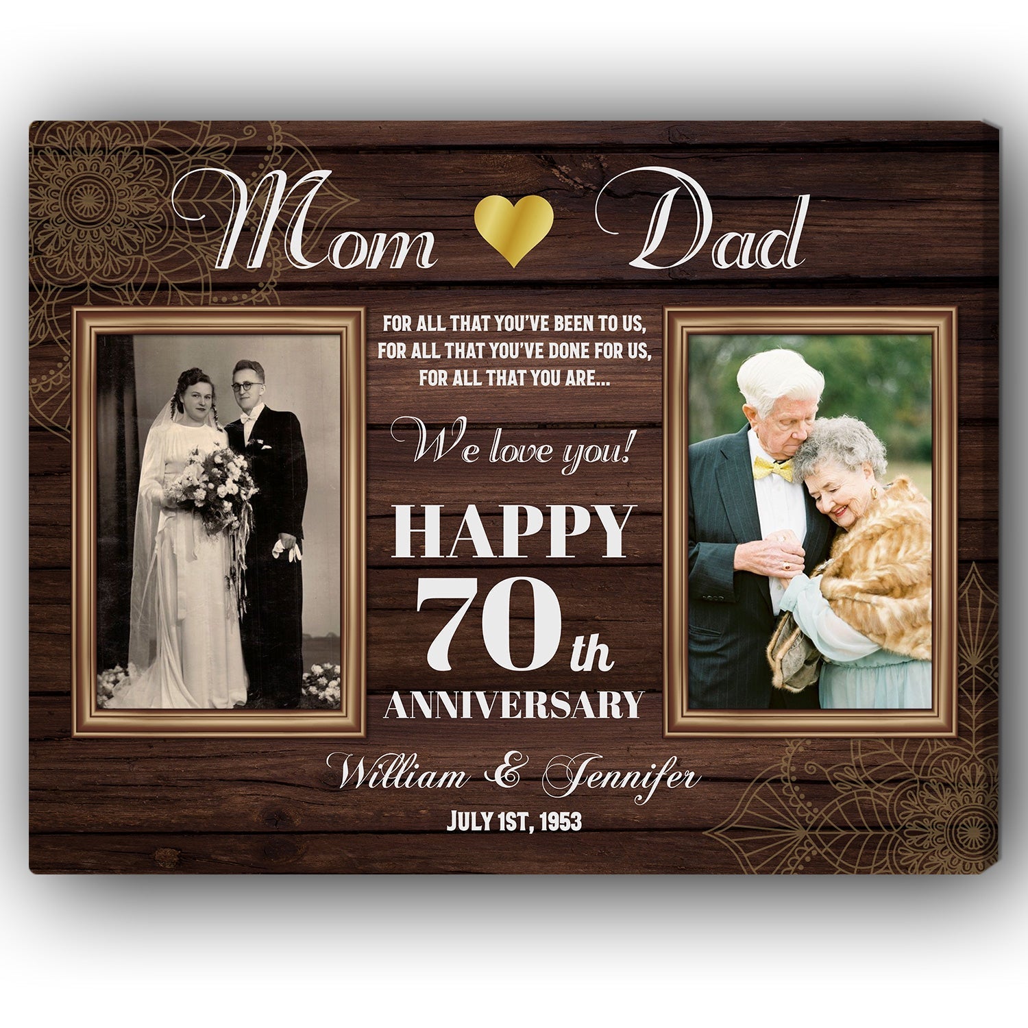 Happy 70 Years Anniversary - Personalized 70 Year Anniversary gift for Parents - Custom Canvas Print - Elizabeth Fashions