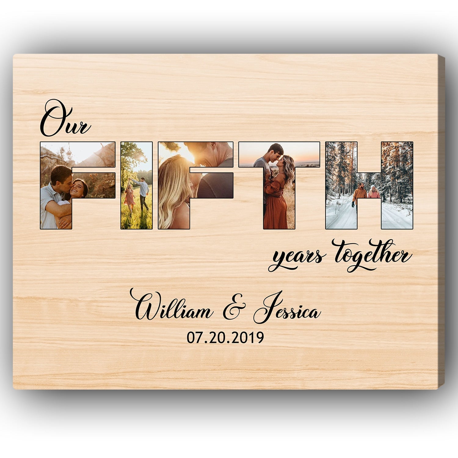 Our Fifth Year Together Photo Collage - Personalized 5 Year Anniversary gift For Him or Her - Custom Canvas Print - Elizabeth Fashions