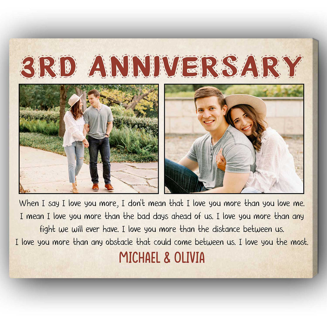 3rd Anniversary - Personalized 3 Year Anniversary gift For Him or Her - Custom Canvas Print - Elizabeth Fashions