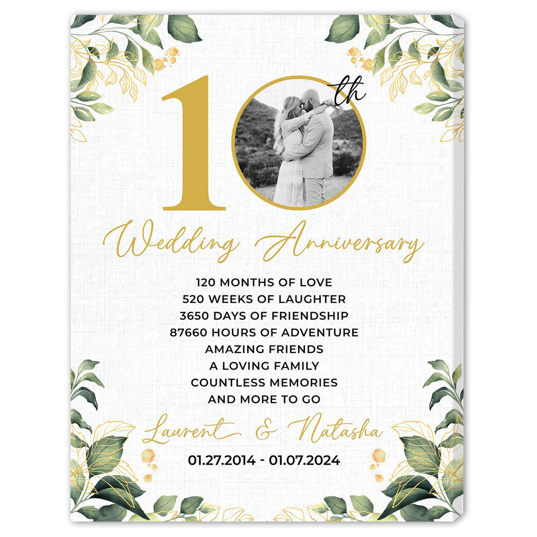 10th Wedding Anniversary - Personalized 10 Year Anniversary gift For Husband or Wife - Custom Canvas Print - Elizabeth Fashions