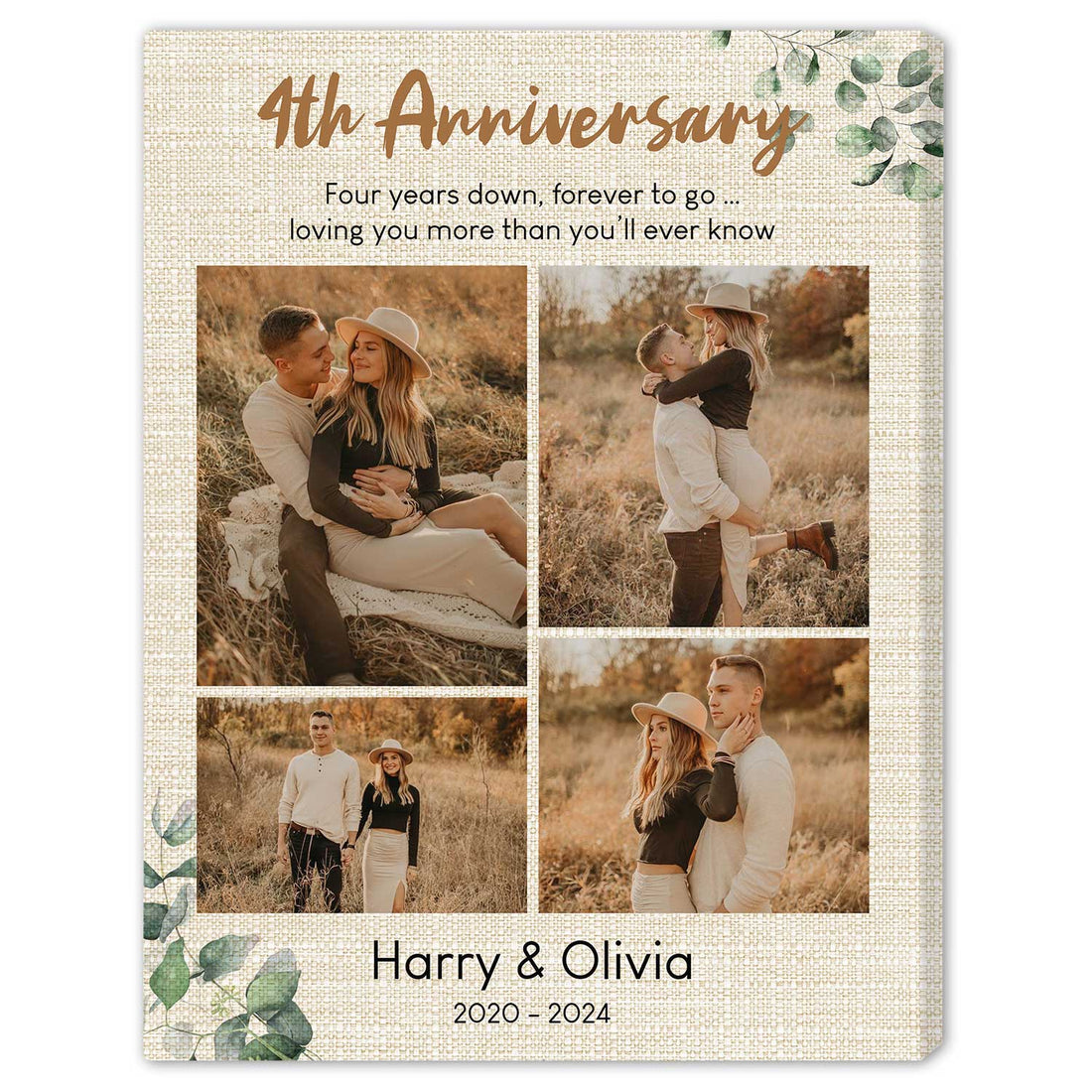 4th Anniversary - Personalized 4 Year Anniversary gift For Husband or Wife - Custom Canvas Print - Elizabeth Fashions