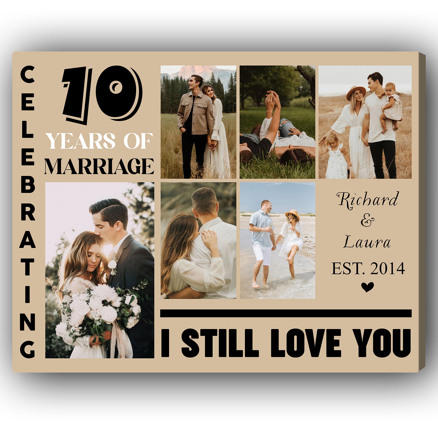 10 Years Of Marriage - Personalized 10 Year Anniversary gift For Husband or Wife - Custom Canvas Print - Elizabeth Fashions