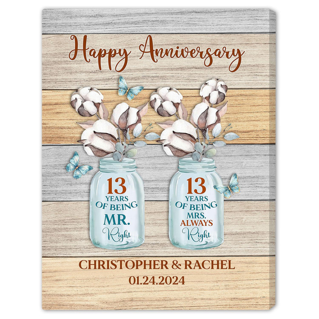 Happy Anniversary - Personalized 13 Year Anniversary gift For Husband or Wife - Custom Canvas Print - Elizabeth Fashions